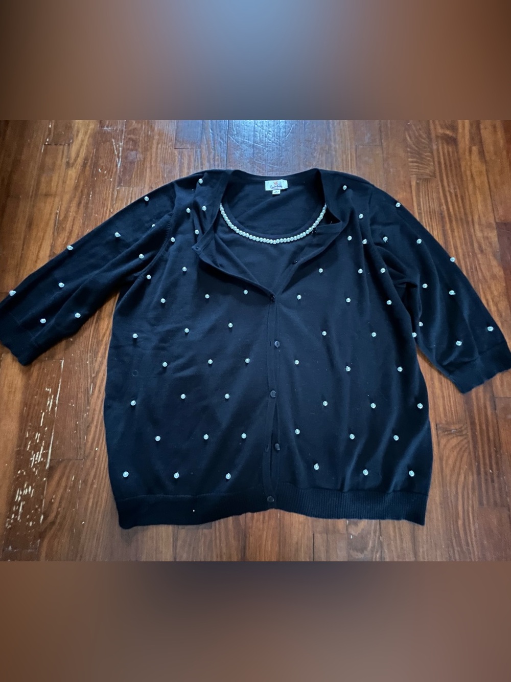 Quacker Factory Black Cardigan with Pearl Bead Accents and Attached Pearl Shell